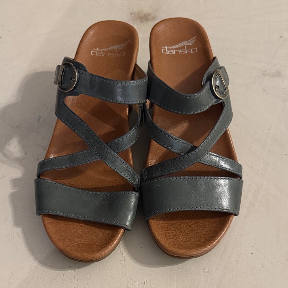 Dansko Ana Blue Leather Strappy Wedge Sandals 37 $150